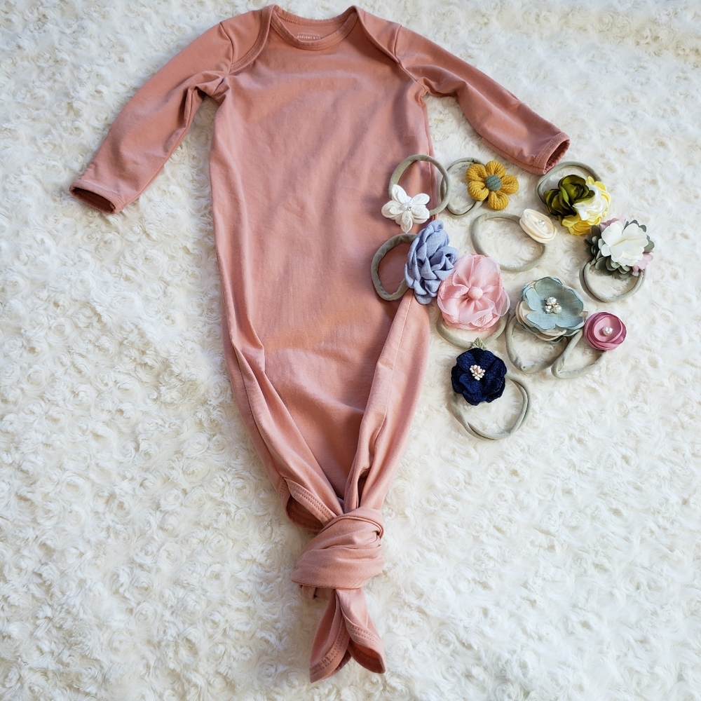 Rose gold Newborn knot gown & headbands